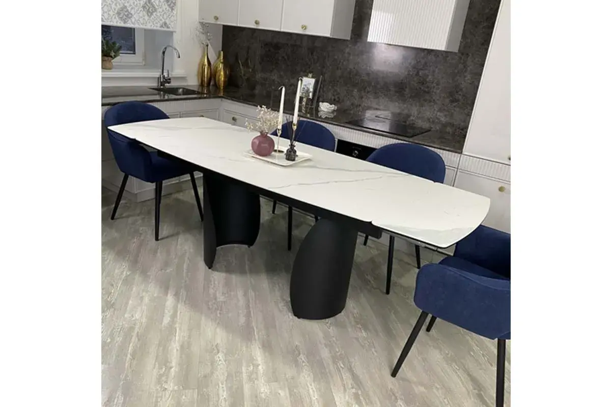 Стол обеденный Ольхон 1800(2400) (Керамика Белый мрамор 9806035/ МДФ Черный кварц / рама черная / металл черный) - купить в Озерце