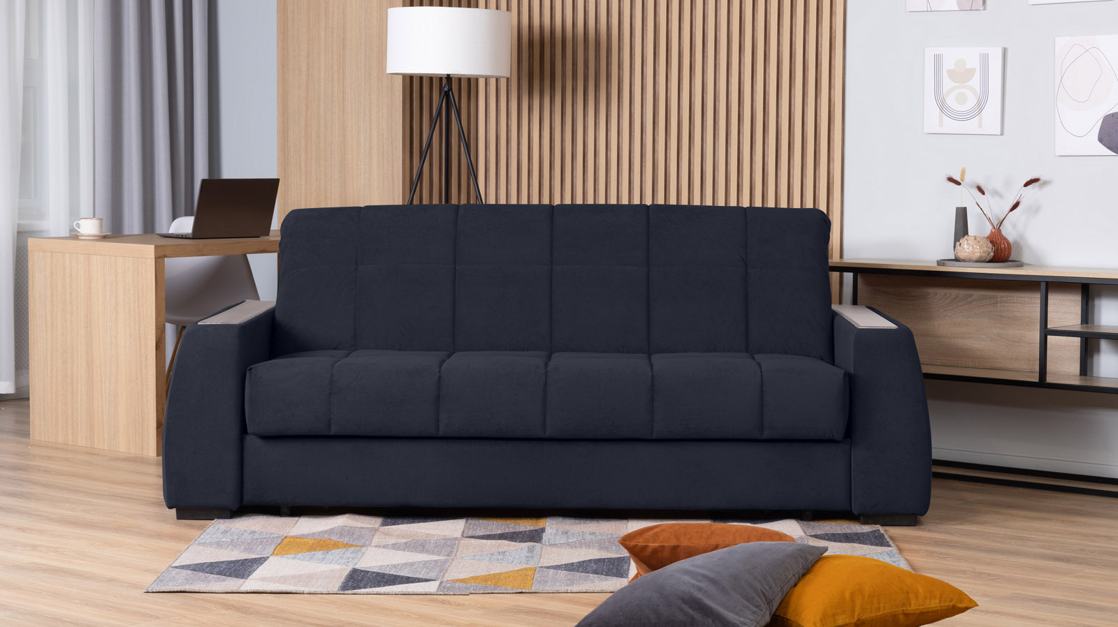 Диван - кровать Domo Pro с полками цвета ясень, стежка квадрат, ткань Casanova Scandy 160x216 — в мебель-центре Озерцо