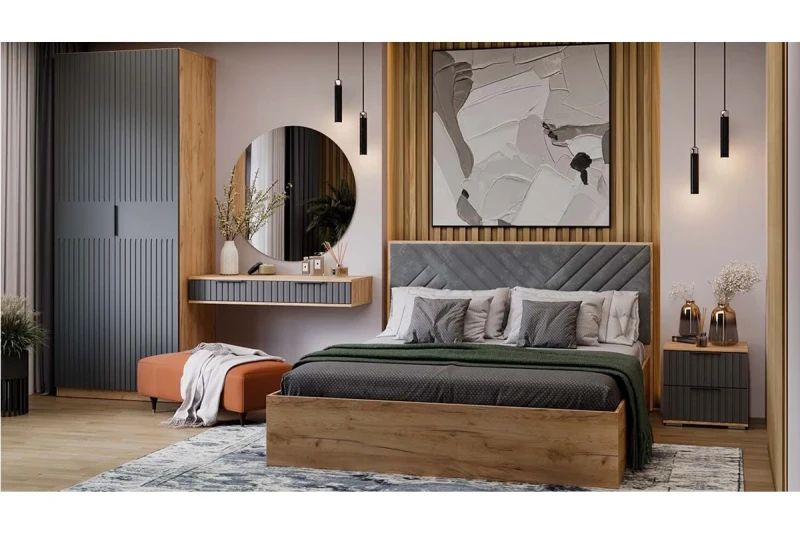 Спальный гарнитур Хилтон №3 (Дуб Крафт золотой/Графит матовый) - купить в Озерце