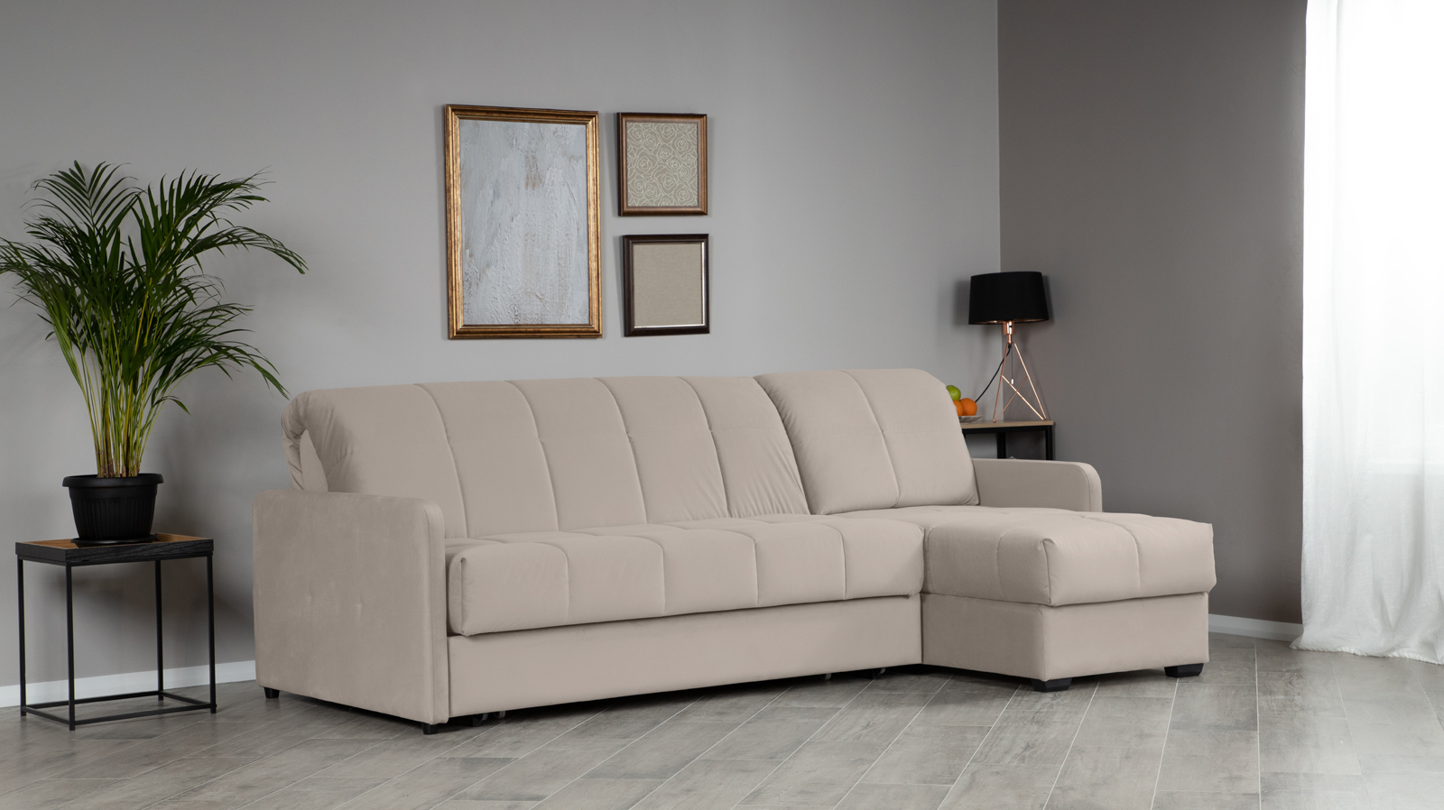 Диван угловой Domo Pro с узкими подлокотниками, стежка квадрат, ткань Casanova Grey 140x216 — купить в Озерце