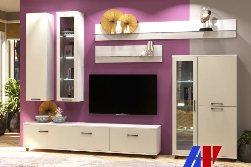 Гостиная Грейс комплект 8 (Снежный Ясень/Кашемир Матовый) — Мебель-центр Озерцо