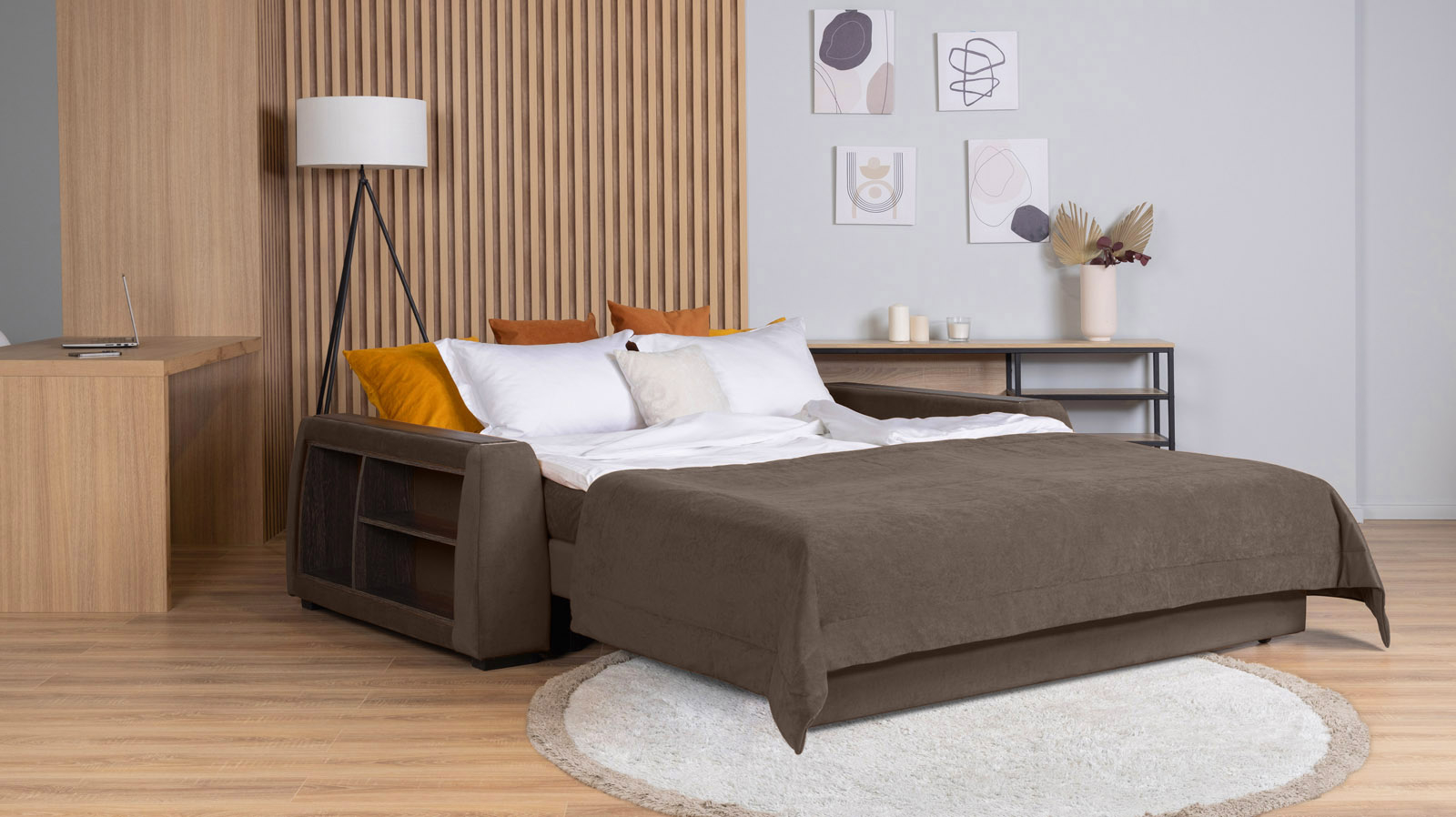 Диван - кровать Domo Pro с полками цвета венге, стежка квадрат, ткань Sky Velvet 02 160x216 — в мебель-центре Озерцо