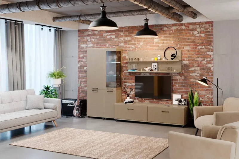 Гостиная Грейс комплект 2 (Гикори Джексон Темный/Латте Матовый) — Мебель-центр Озерцо