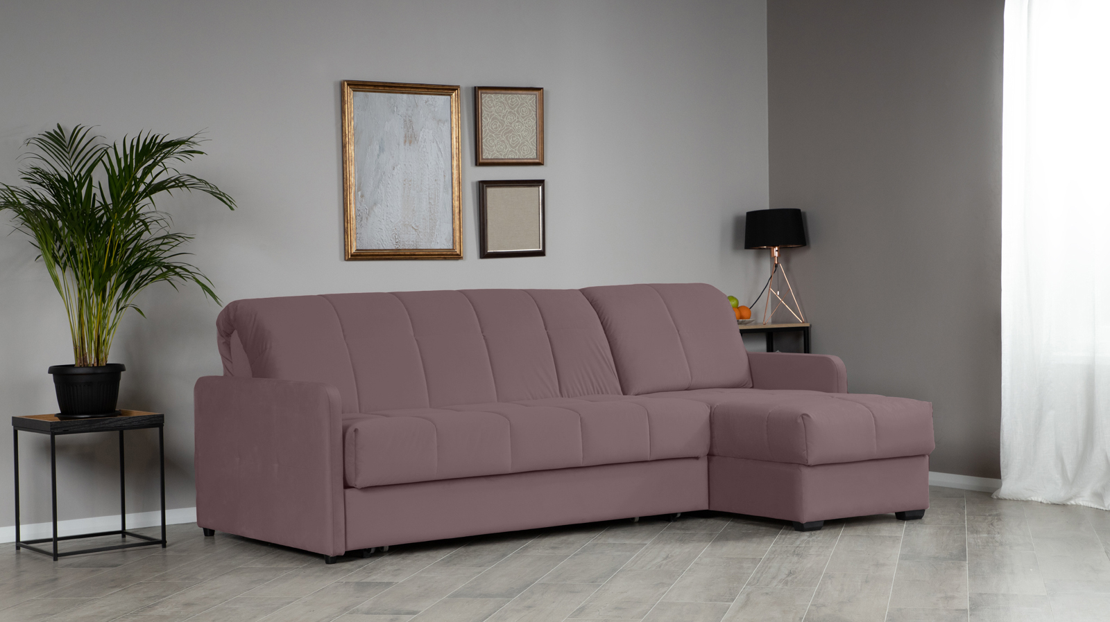 Диван угловой Domo Pro с узкими подлокотниками, стежка квадрат, ткань Casanova Lilac 140x216 — купить в Озерце