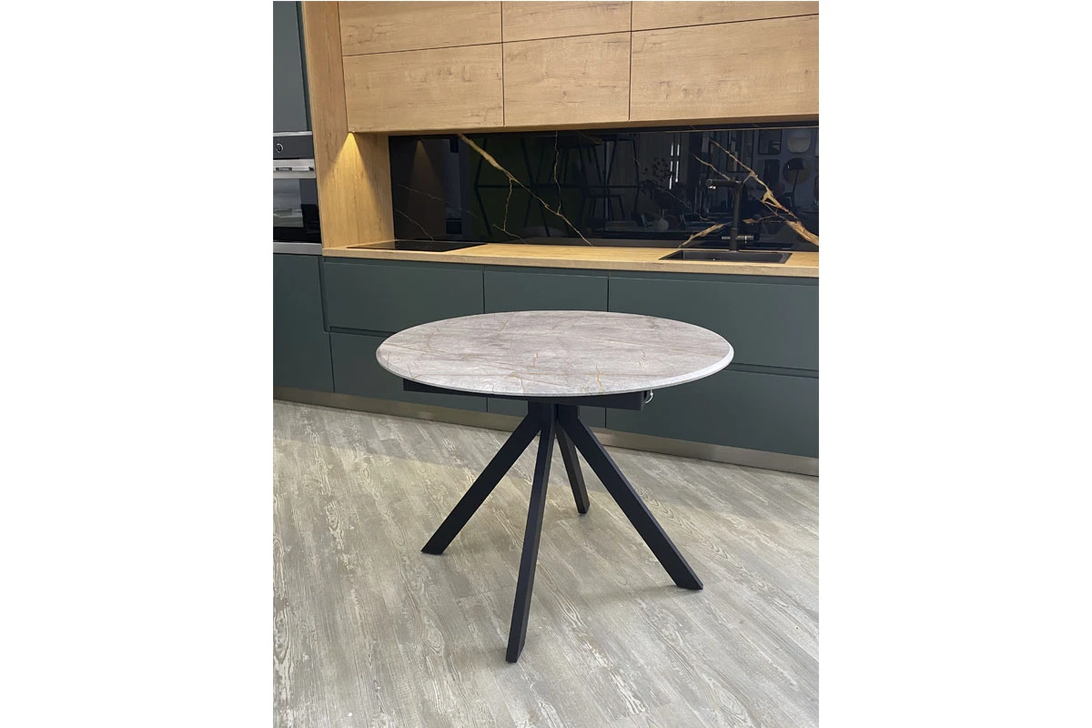 Стол обеденный Москва (d 1000/вставка 400/Бабочка/МДФ Византийский Мрамор/Металл черный) - купить в Озерце