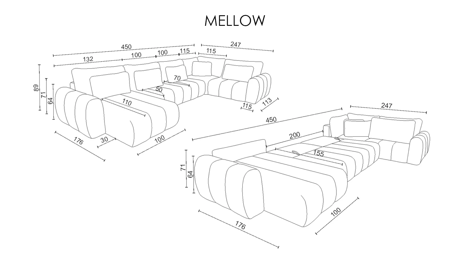 Диван -кровать П-образный Mellow-5 секц. ткань Velutto 04 247x450 — купить в Озерце