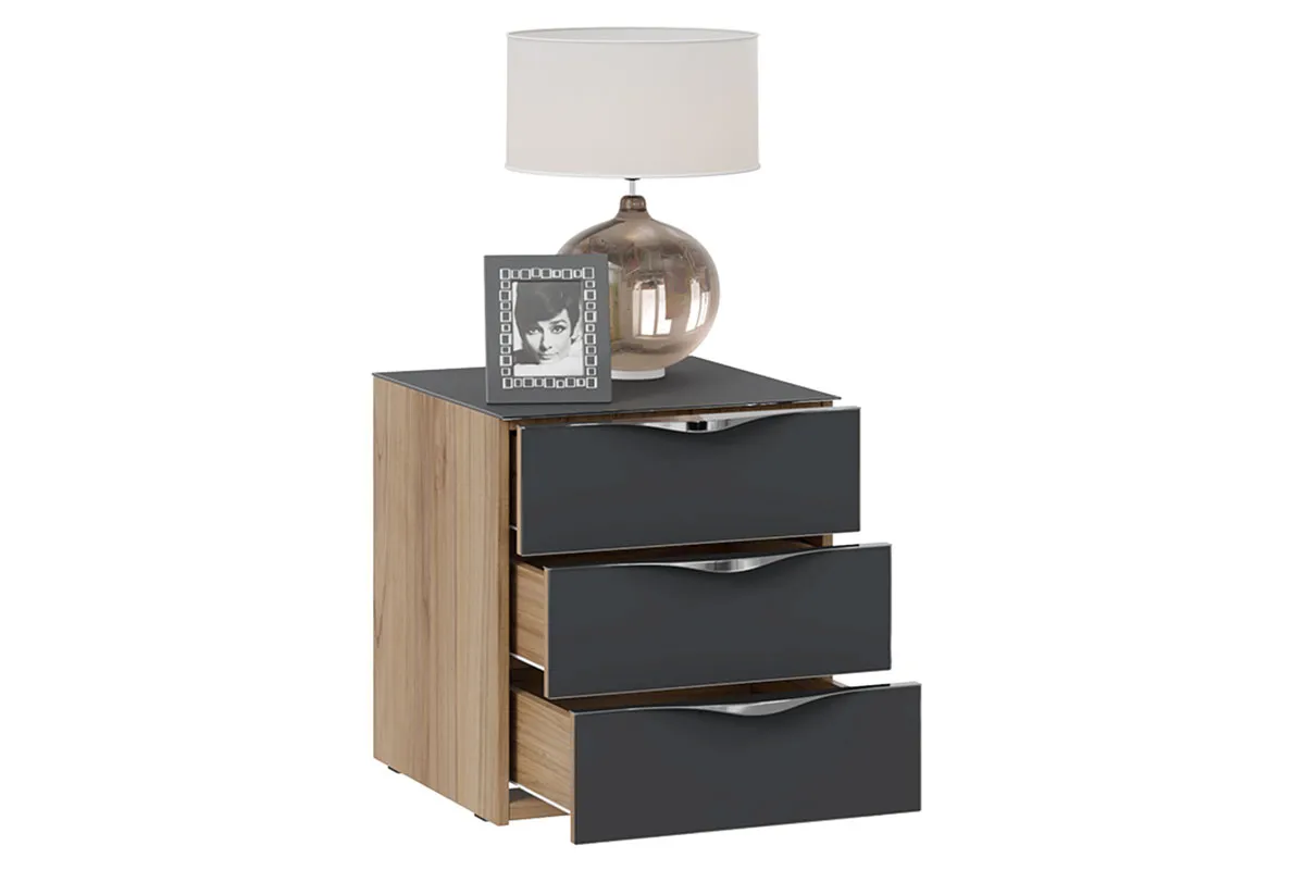 Тумба прикроватная с 3 ящиками Глосс ТД-319.03.02 (Яблоня Беллуно/Cтекло/Графит матовый) — Мебель-центр Озерцо