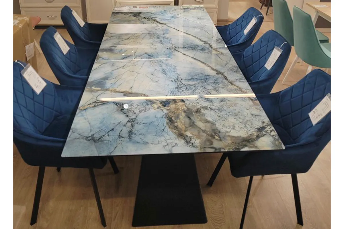 Стол обеденный Оникс 1800(2300) (Стекло с фотопечатью Магеллан / МДФ Черная шагрень / рама черная / металл черный) - купить в Озерце