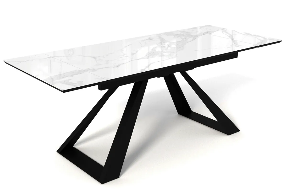 Стол обеденный Старк 1600(2200) (ст.№2/Стекло с фотопечатью Белый мрамор/МДФ Черный кварц/Металл Черный) - купить в Озерце