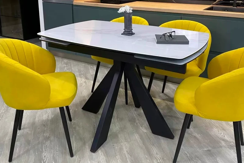 Стол обеденный Эльтон-2 1200(1800) (ст. №9/Стекло Оптивайт с фотопечатью Белый Мрамор/МДФ Черный кварц/Металл Черный) - купить в Озерце