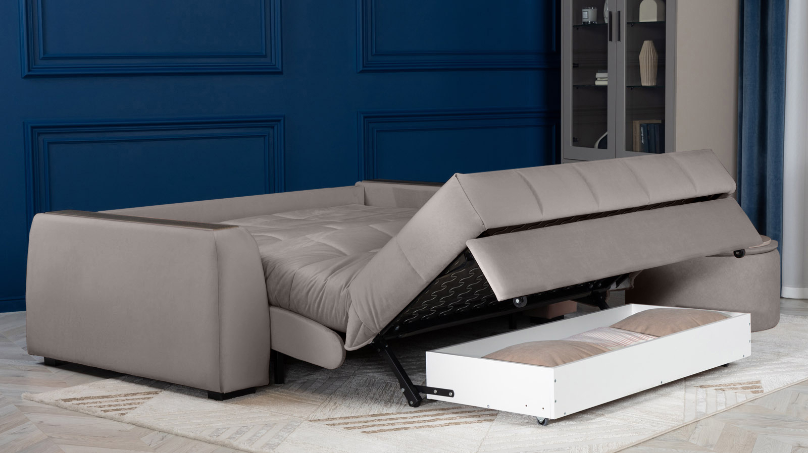 Диван - кровать Domo Pro с накладкой цвета венге, стежка квадрат, ткань Casanova Grey 140x216 — в мебель-центре Озерцо