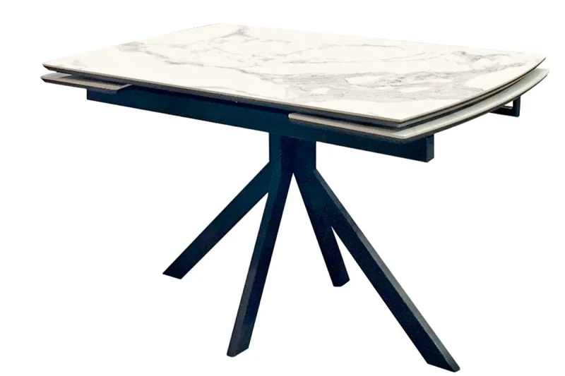 Стол обеденный Комильфо 1200(1800) (ст. №2 / Стекло Оптивайт с фотопечатью Белый Мрамор/МДФ Черный Кварц/Металл Черный) - купить в Озерце