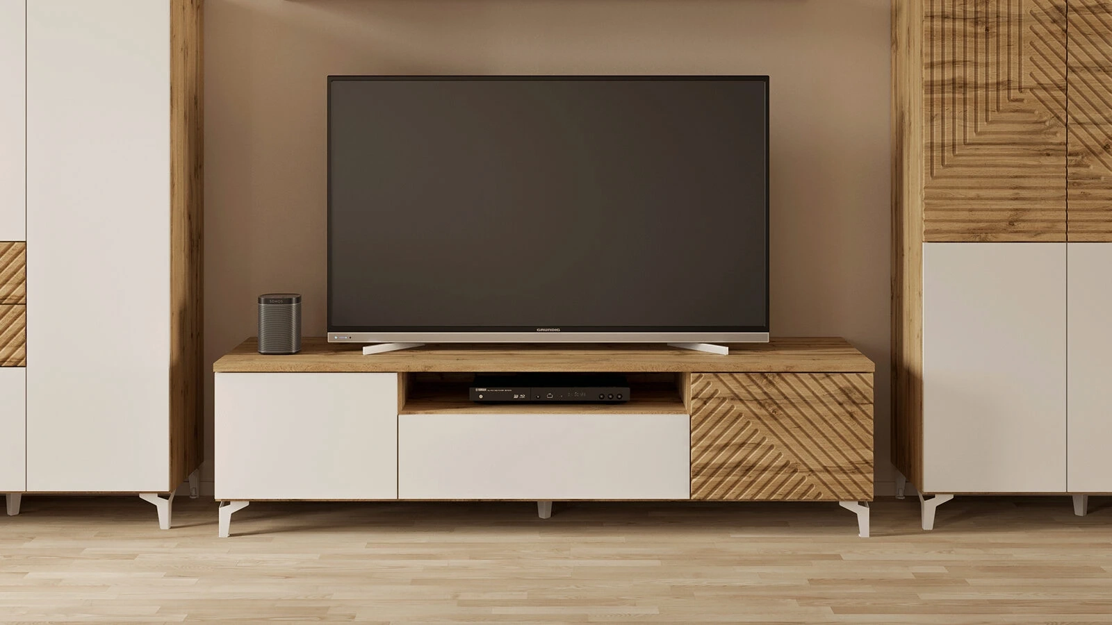 Тумба под ТВ двухдверная с ящиком Stefania, цвет: Дуб Натюрель + Белый Премиум — купить в Озерце