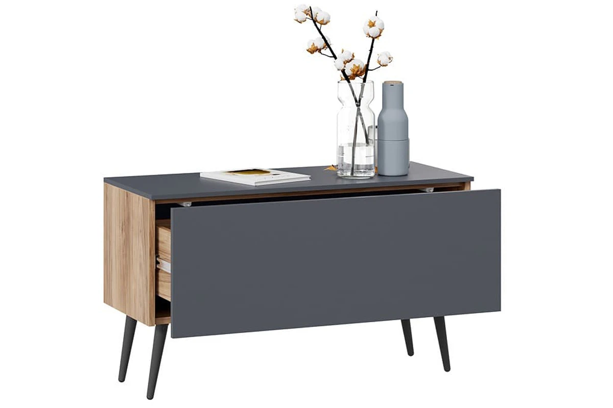 Тумба для теле- и радиоаппаратуры Порто СМ-393.03.012 с опорами (Яблоня Беллуно/Графит софт/Серый) — Мебель-центр Озерцо