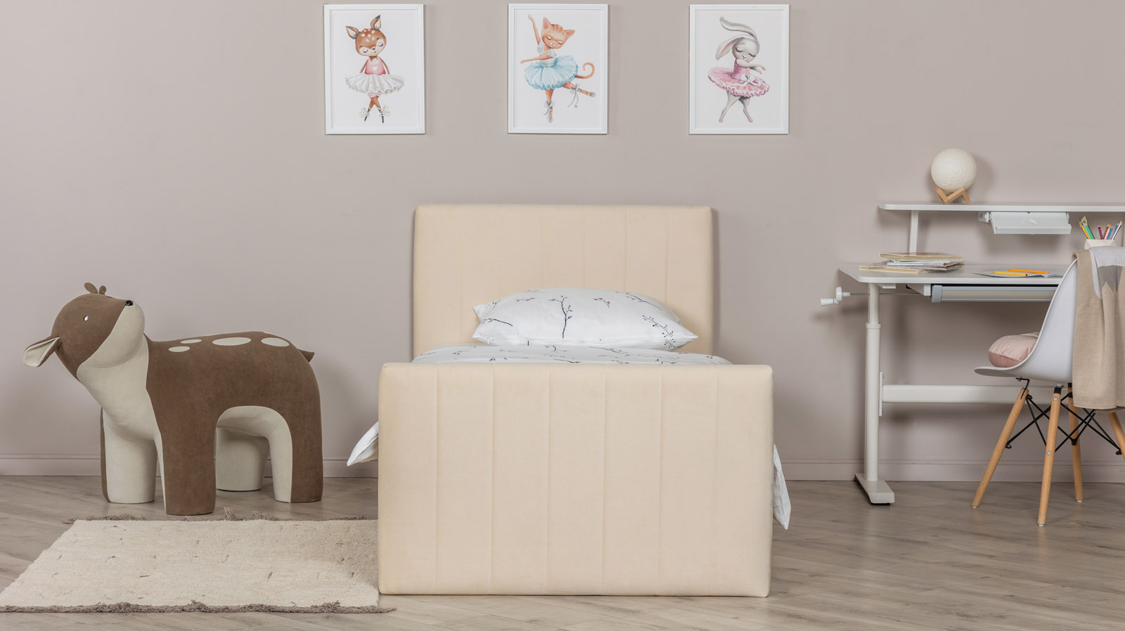 Кровать подростковая Olly, цвет: Дуб Бардолино натуральный, Тк. Casanova Milk 90x200 — Мебель-центр Озерцо