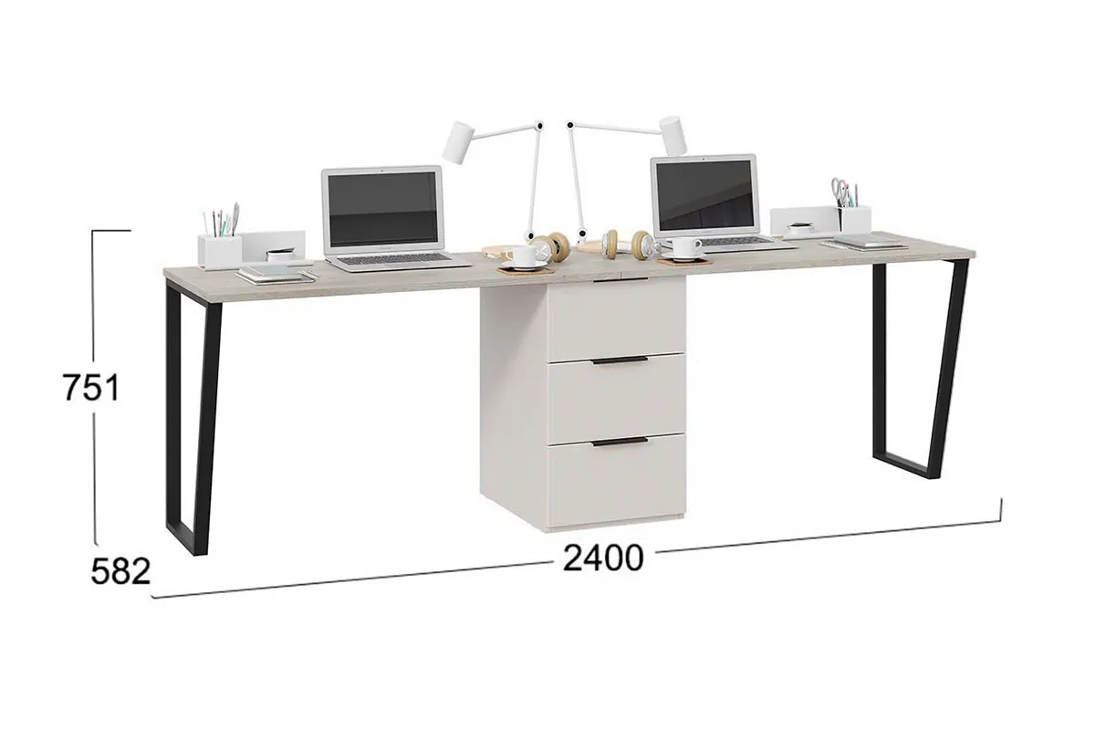 Комплект столов письменных Порто СМ-393.15.013 с 1 универсальной тумбой (Кашемир матовый / Баттл рок / Кашемир сатин) — Мебель-центр Озерцо