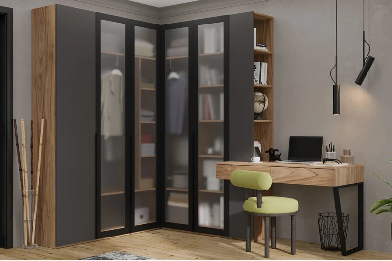 Спальный гарнитур Порто №5 ГН-393.005 (Яблоня Беллуно/Графит софт/Стекло сатин черное) - купить в Озерце