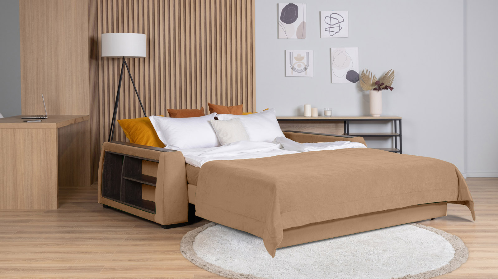 Диван - кровать Domo Pro с полками цвета венге, стежка квадрат, ткань Casanova Beige 180x216 — в мебель-центре Озерцо