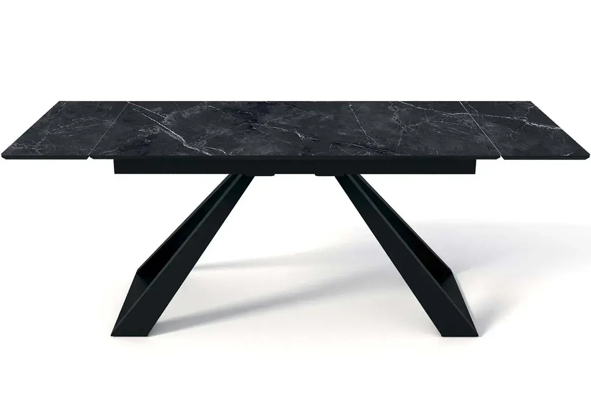 Стол обеденный Старк 1600(2200) (Стекло с фотопечатью Черный мрамор / МДФ Черный кварц / рама черная / металл черный) - купить в Озерце