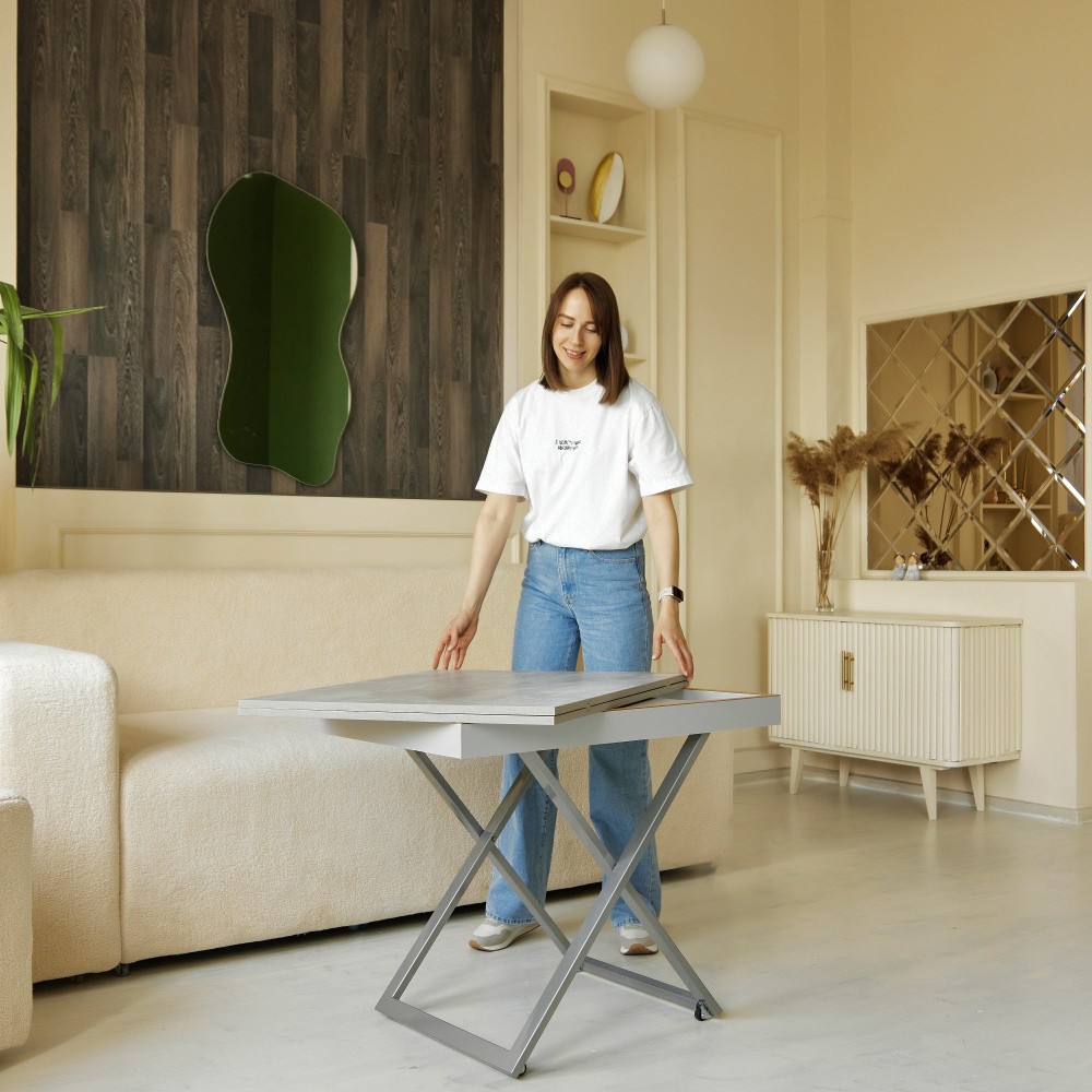 Стол-трансформер APOLLO бетон/подстолье серебро - купить в Озерце