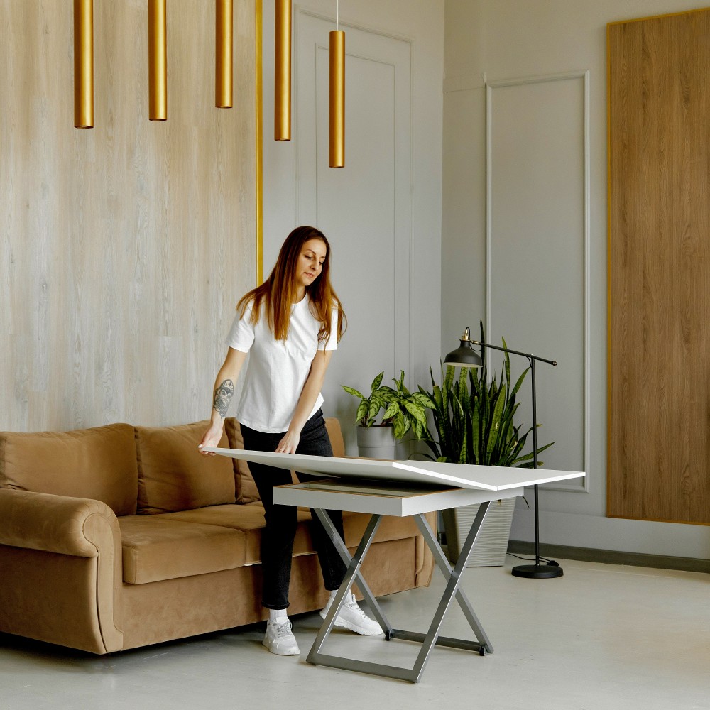 Стол-трансформер APOLLO белый матовый/подстолье серебро - купить в Озерце