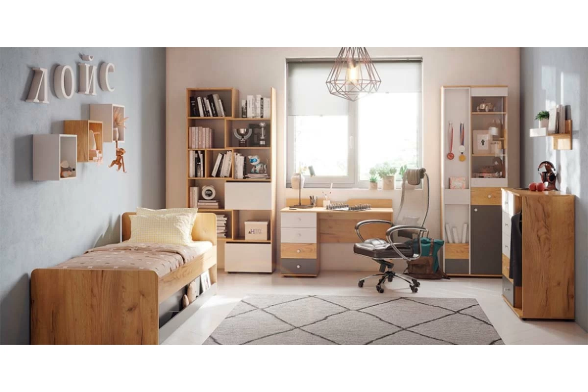 Полка навесная Лойс 89 (Дуб золотистый/Белый/Графит) — Мебель-центр Озерцо