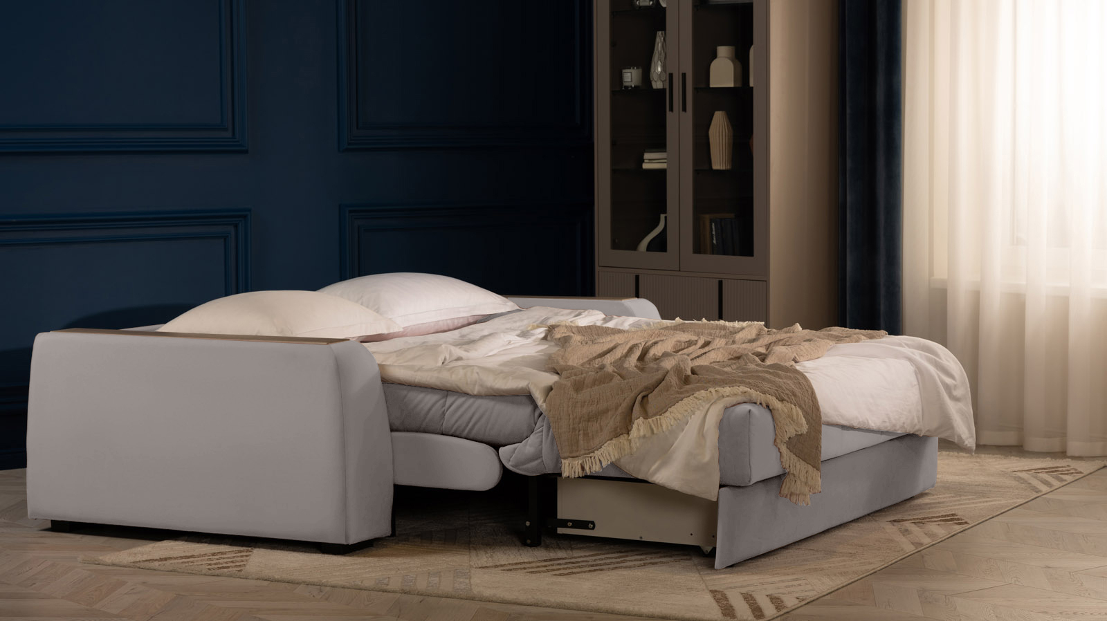 Диван - кровать Domo Pro с накладкой цвета венге, стежка квадрат, ткань Casanova Grey 140x216 — в мебель-центре Озерцо