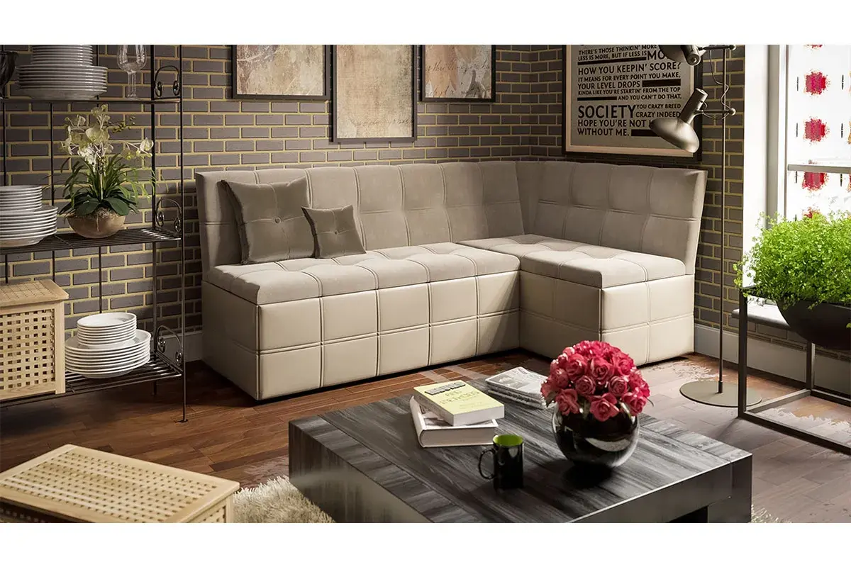 Скамья угловая Домино со спальным местом исп. 2 (Кожзам светло-коричневый/Велюр мокко светлый) - купить в Озерце