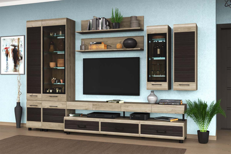 Гостиная Камелия-7 (Гикори Джексон Светлый комбинированный) — Мебель-центр Озерцо