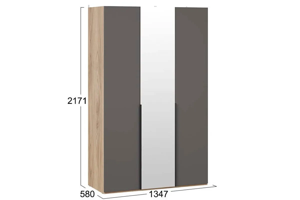 Шкаф для одежды Порто СМ-393.07.112 (580) с 2 глухими и 1 зеркальной дверями (Яблоня Беллуно/Графит софт) в мебель-центре Озерцо