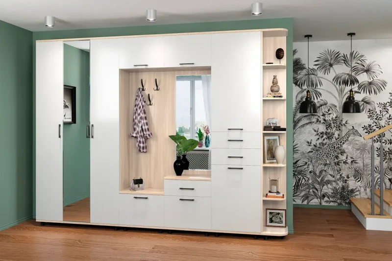 Прихожая Грейс комплект 5 (Ясень Асахи/Белый Бриллиант Глянцевый) — Мебель-центр Озерцо