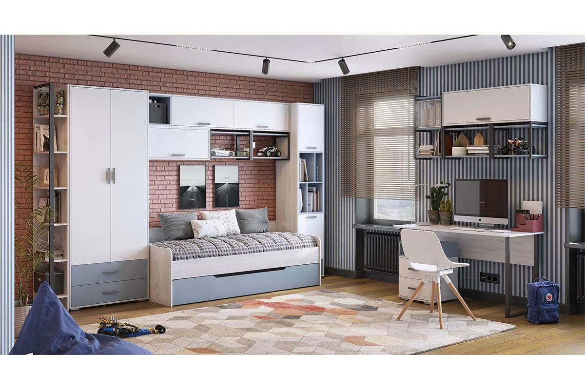 Тумба с 1 дв. и 3 ящ. Стич (Анкор светлый/Белый/Серо-голубой) — Мебель-центр Озерцо