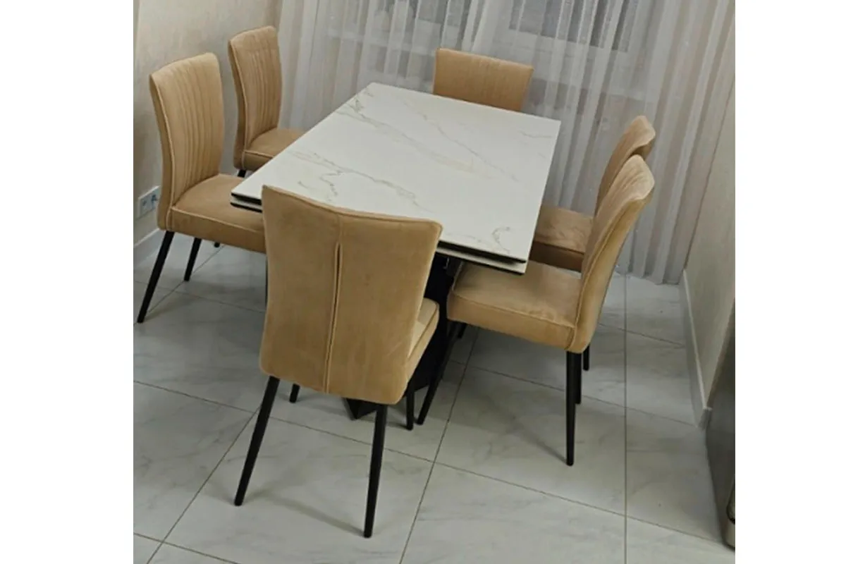 Стол обеденный Марвел 1600(2200) (Керамика 9806035 / МДФ Черный кварц / рама черная / металл черный) - купить в Озерце