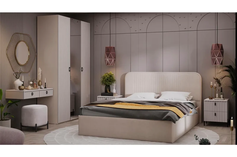 Спальный гарнитур Тиффани №2 (Кашемир / Кашемир матовый / Велюр Мокко светлый) - купить в Озерце