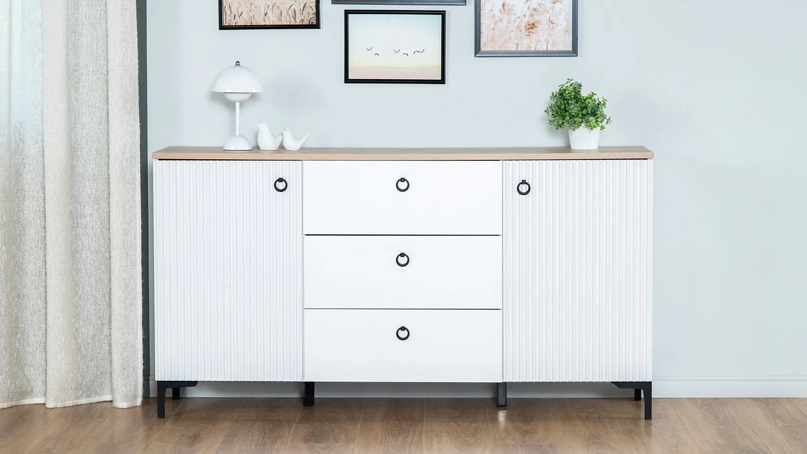 Тумба двухдверная с 3 ящиками Zima, цвет Гикори кингстон+Белый 41x150 — купить в Озерце