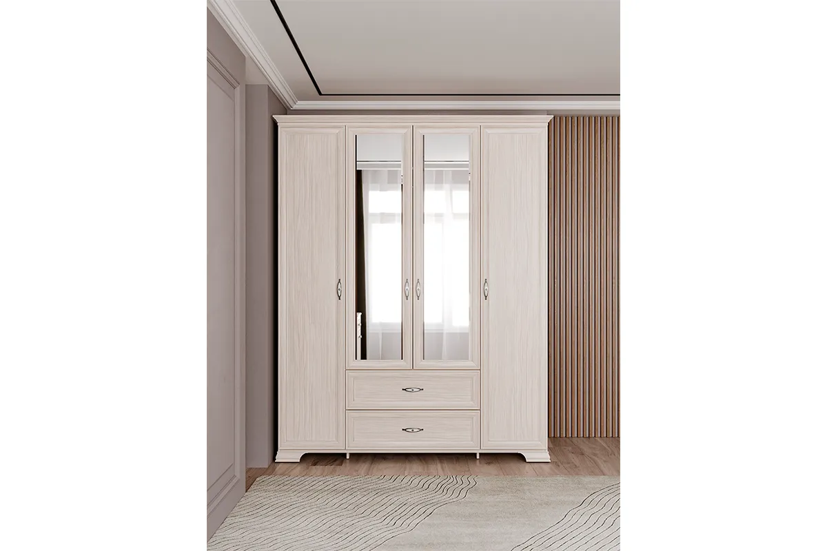 Венеция 2 Шкаф для одежды 4-х дверный с ящиками с зеркалом в мебель-центре Озерцо