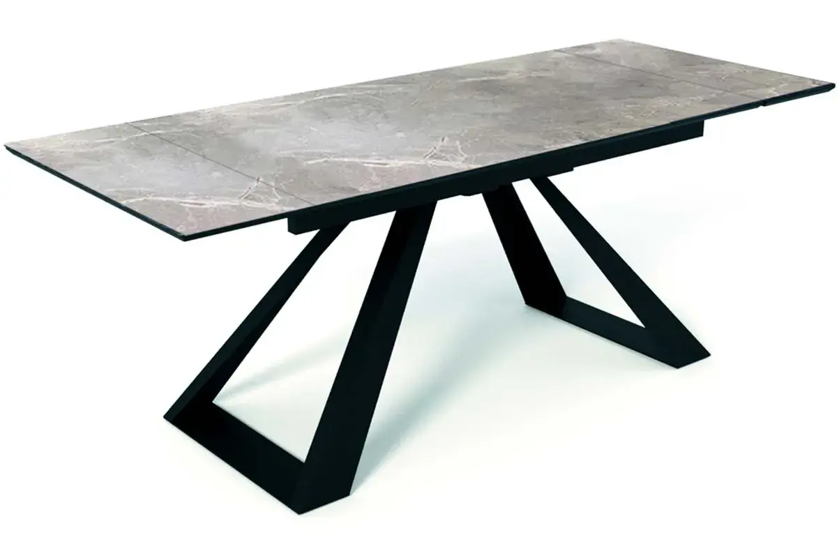 Стол обеденный Старк 1600(2200) (Керамика Серый мрамор / МДФ Черный кварц / рама черная / Металл черный) - купить в Озерце
