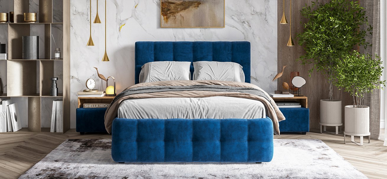 Босс Кровать+ПМ 140*200 Велюр Монолит синий - купить в Озерце