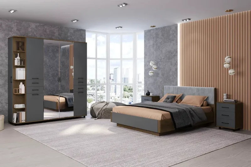 Спальня Грейс комплект 1 (Гикори Джексон Темный/Антрацит Матовый) - купить в Озерце