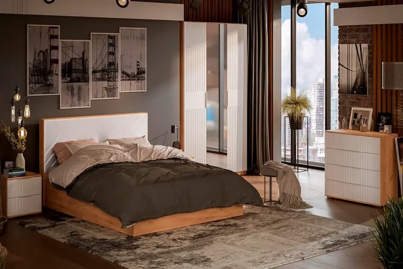 Спальный гарнитур Хилтон №1 (Дуб Крафт золотой/Белый матовый) - купить в Озерце