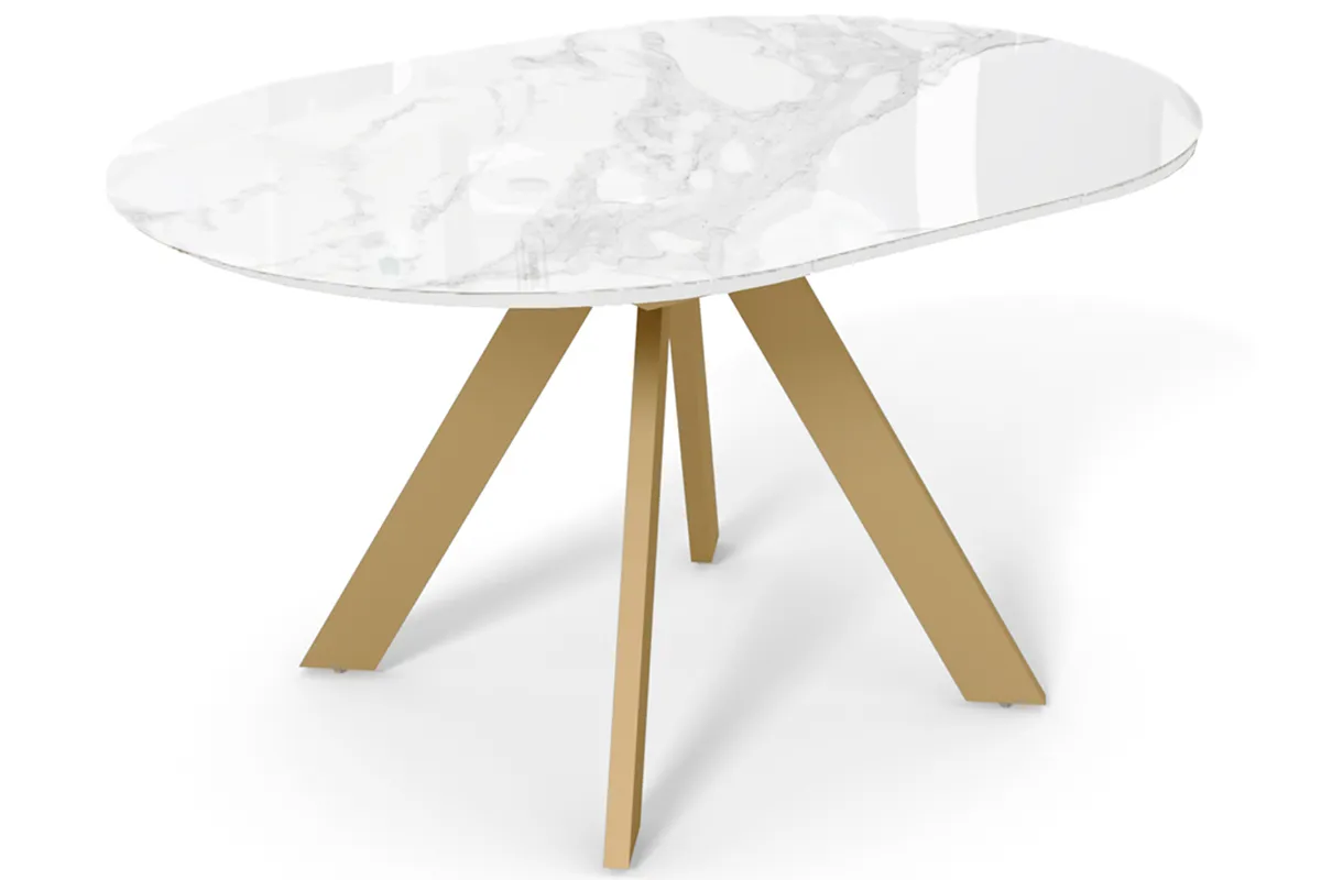 Стол обеденный Бонжур d 1000(вставка 400/Бабочка) (Стекло Оптивайт с фотопечатью Белый Мрамор/МДФ Белый/Металл Золото) - купить в Озерце