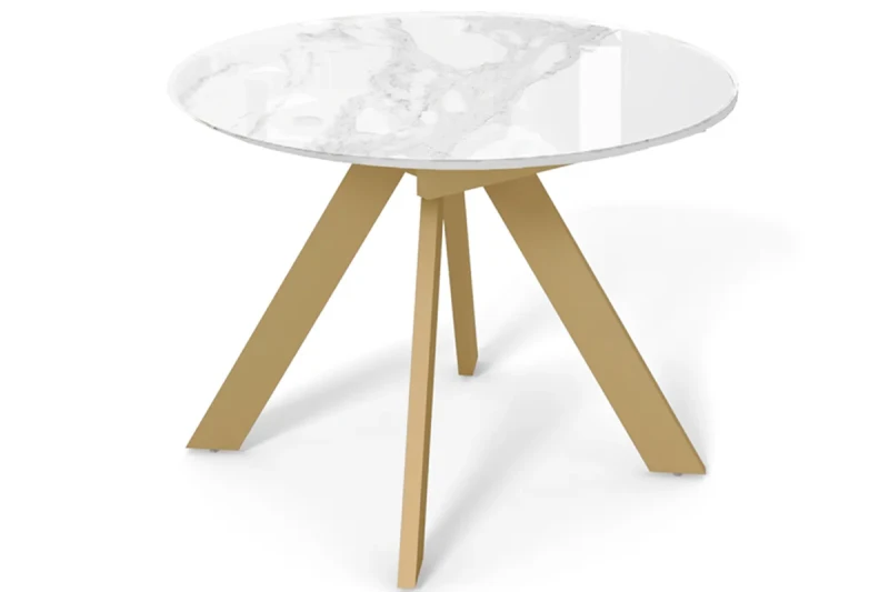 Стол обеденный Бонжур d 1000(вставка 400/Бабочка) (Стекло Оптивайт с фотопечатью Белый Мрамор/МДФ Белый/Металл Золото) - купить в Озерце