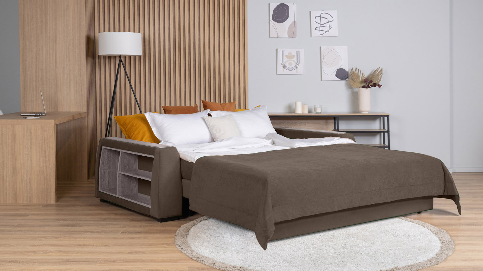 Диван - кровать Domo Pro с полками цвета ясень, стежка квадрат, ткань Sky Velvet 02 140x216 — в мебель-центре Озерцо