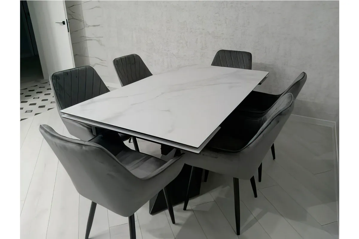 Стол обеденный Марвел 1600(2200) (ст. №2 / Стекло Оптивайт с фотопечатью Белый мрамор/МДФ Черный Кварц/Металл Черный) - купить в Озерце