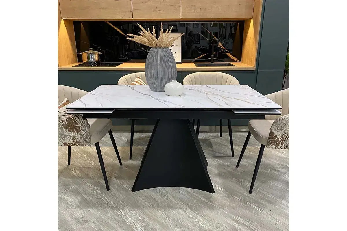 Стол обеденный Шанти 1400(2000) (Керамика с желтыми прожилками 170107 / МДФ Черный кварц / рама черная / металл черный - купить в Озерце