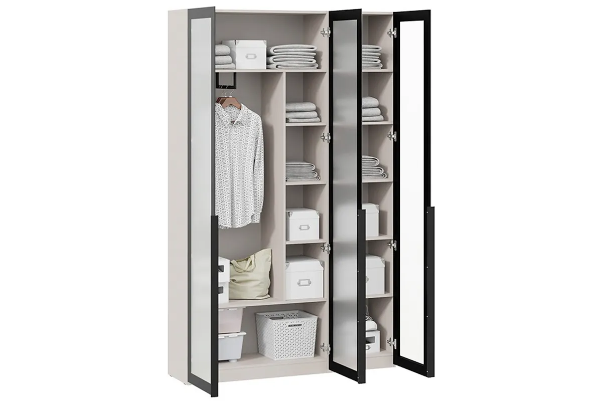 Шкаф для одежды Порто СМ-393.07.117 (580) с 3 стеклянными дверями (Кашемир матовый / Графит / Стекло сатин черное) в мебель-центре Озерцо