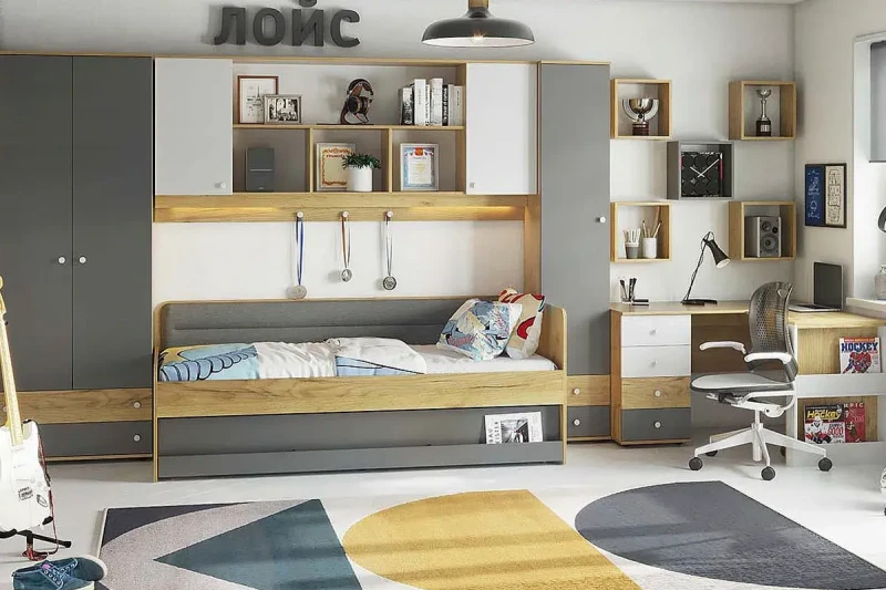 Детская Лойс №4 (Дуб золотистый/Белый/Графит) — Мебель-центр Озерцо