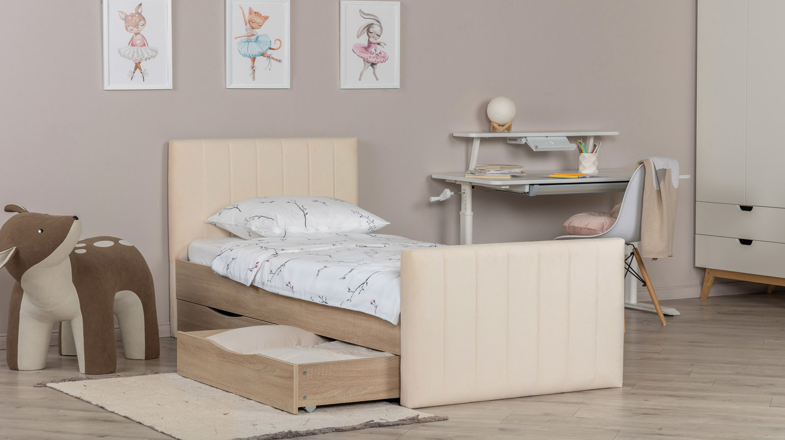 Кровать подростковая Olly, цвет: Дуб Бардолино натуральный, Тк. Casanova Milk 90x200 — Мебель-центр Озерцо
