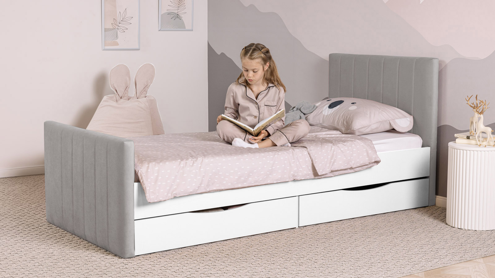 Кровать подростковая Olly, цвет: Белый базовый, Тк. Casanova Grey 90x190 — Мебель-центр Озерцо