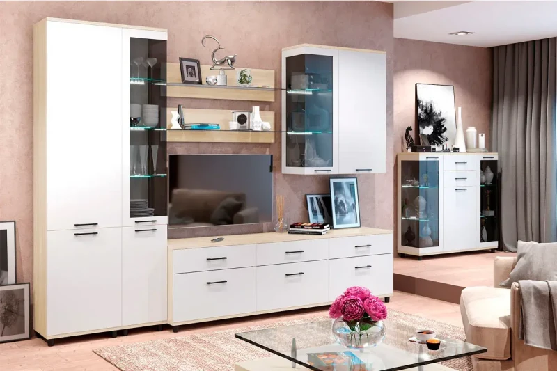 Гостиная Грейс комплект 5 (Ясень Асахи/Белый Бриллиант Глянцевый) — Мебель-центр Озерцо